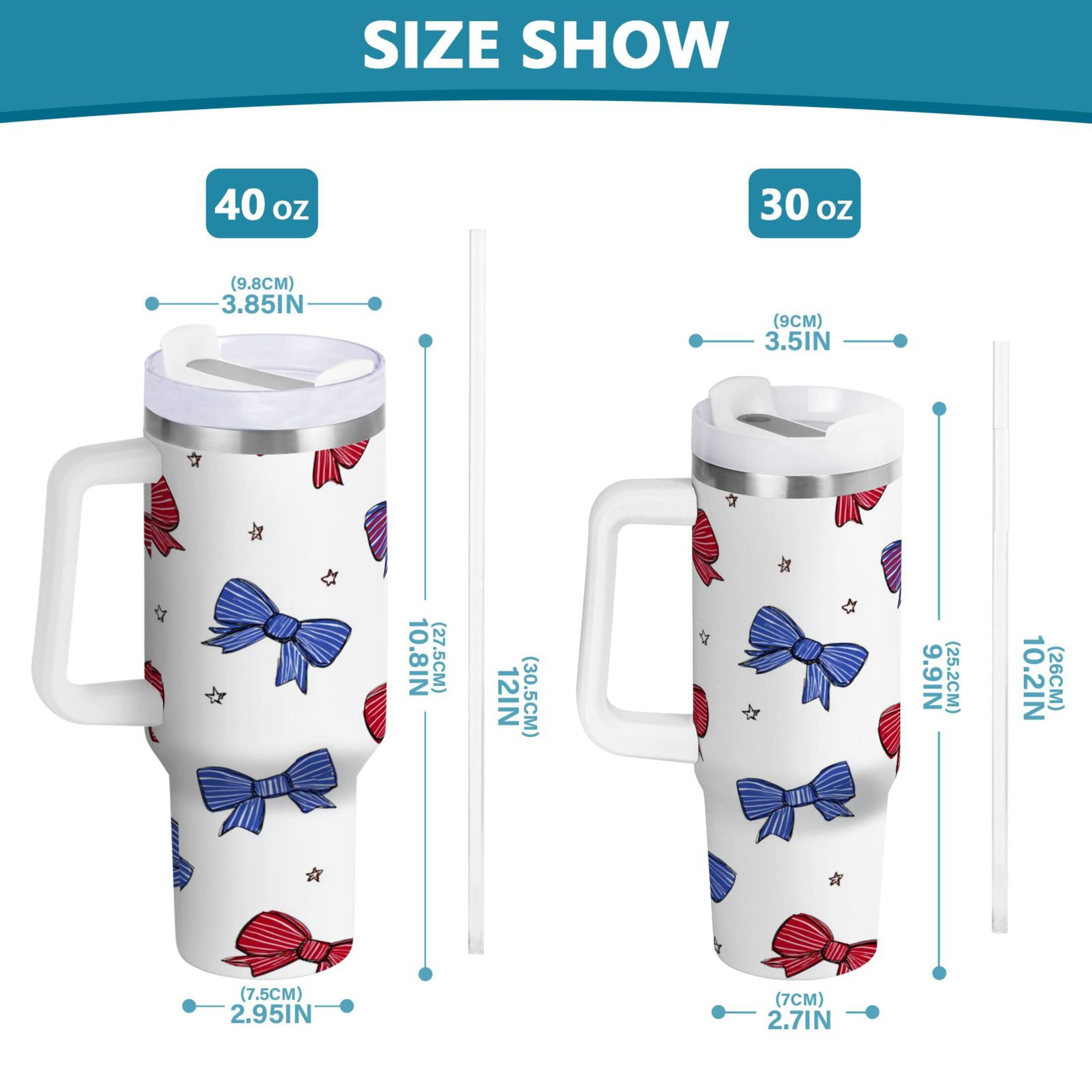 30 oz Insulated Stainless Steel Tumbler Double Wall Stainless Steel Tumbler with 2-Way Drinking Red and Blue Stripe Bows C656Q