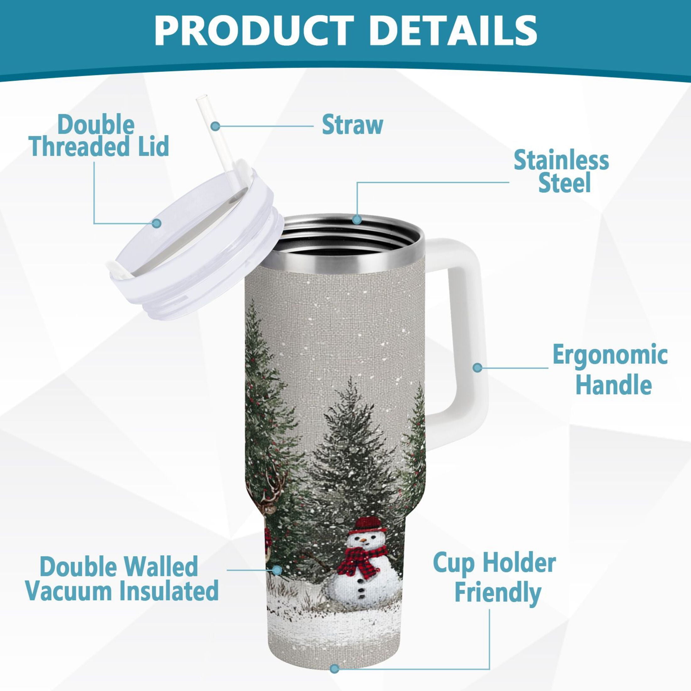 30 oz Insulated Stainless Steel Tumbler Double Wall Stainless Steel Tumbler with 2-Way Drinking Christmas Deer and Snowmen C619H