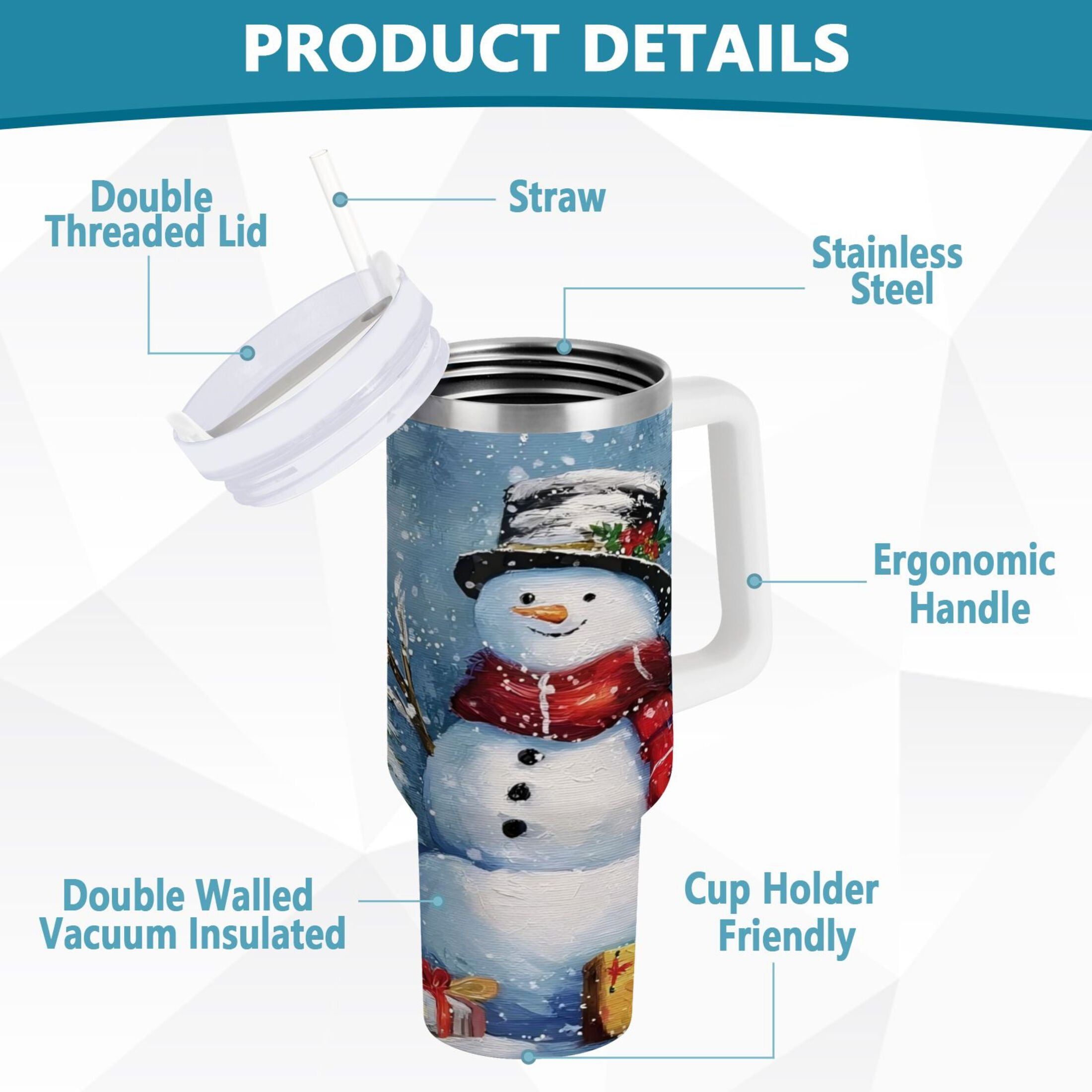 30 oz Insulated Stainless Steel Tumbler Double Wall Stainless Steel Tumbler with 2-Way Drinking Christmas Scene with Snowman C642W