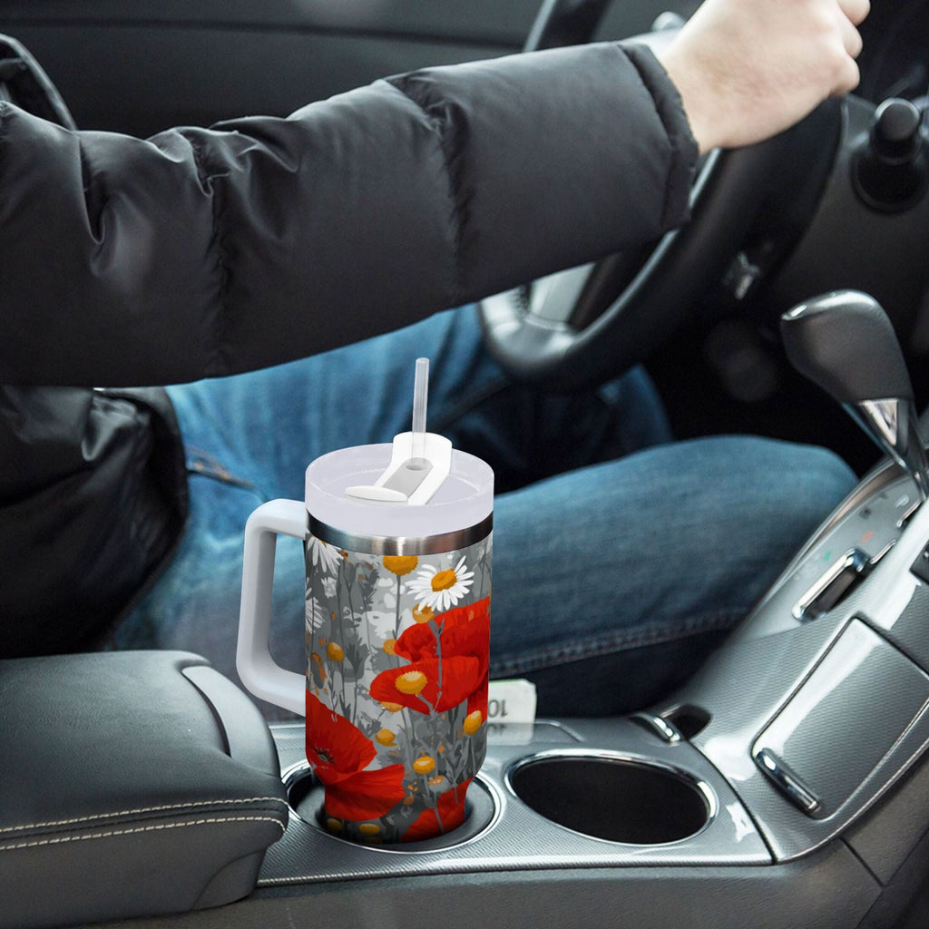40 oz Insulated Stainless Steel Tumbler Double Wall Stainless Steel Tumbler with 2-Way Drinking Red Flowers and Daisies C498X