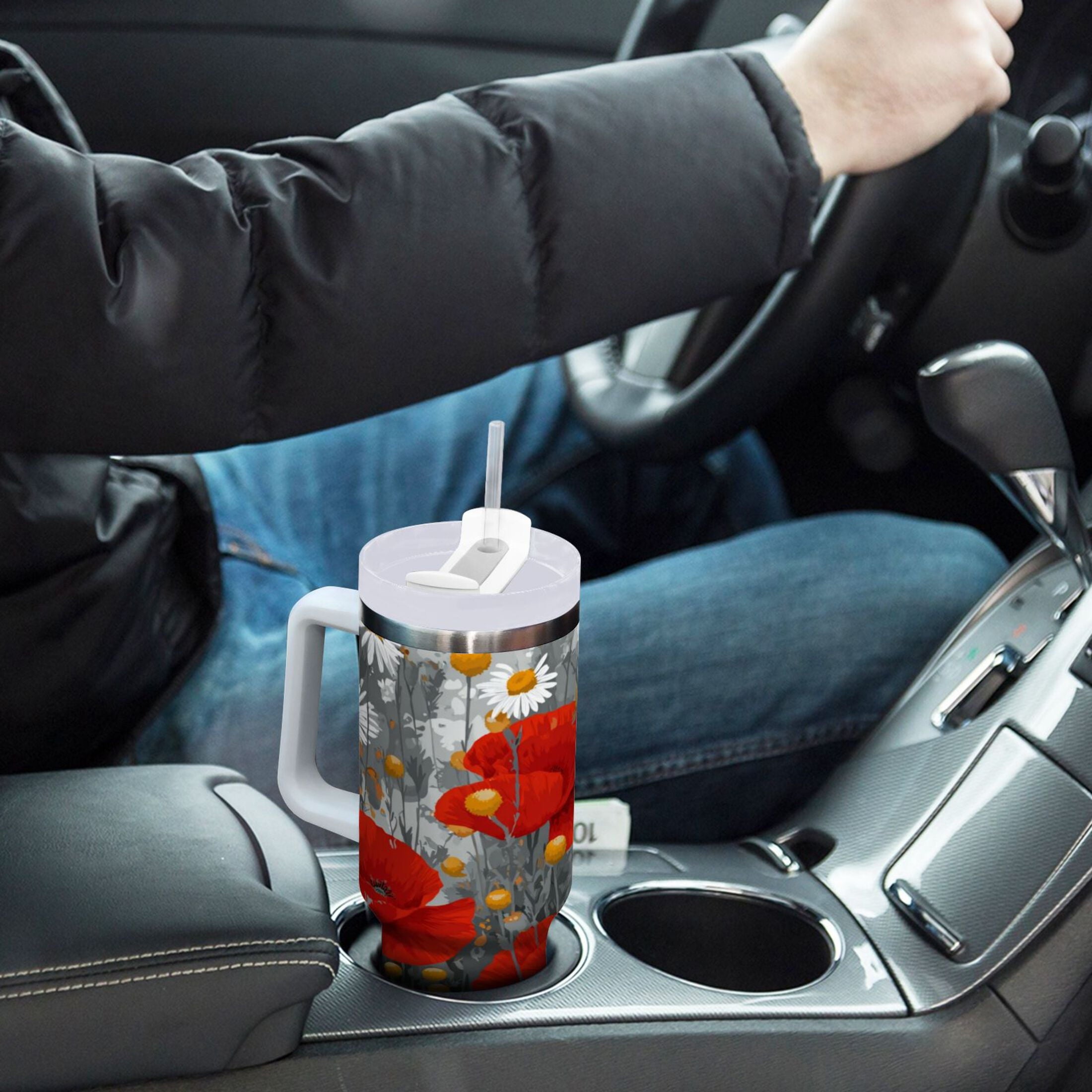 40 oz Insulated Stainless Steel Tumbler Double Wall Stainless Steel Tumbler with 2-Way Drinking Red Flowers and Daisies C498X
