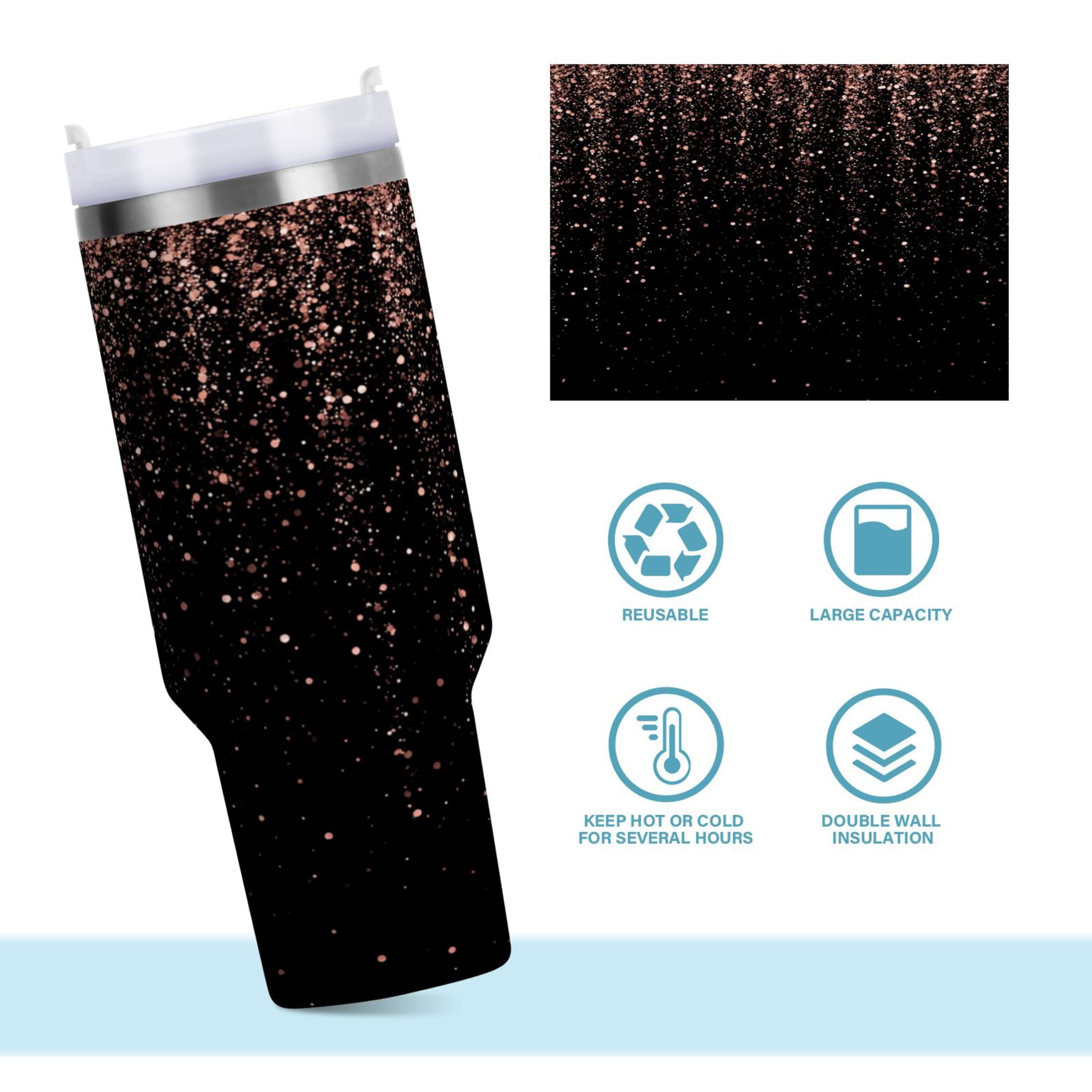 40 oz Insulated Stainless Steel Tumbler Double Wall Stainless Steel Tumbler with 2-Way Drinking Rose Gold Glitter C589Q